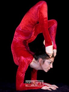 Artiste contorsionniste dans une figure en equilibre sur ses avant-bras avec les pointes des pieds en flexion au dessus de la tete