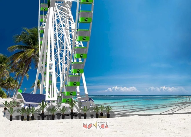 Grande roue panoramique ecolo au dessus des villes et mers Grande roue panoramique ecolo au dessus des villes et mers