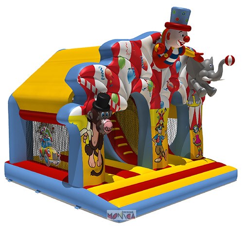 Jeu du cirque gonflable avec clown monsieur loyal toboggan et animaux de la menagerie