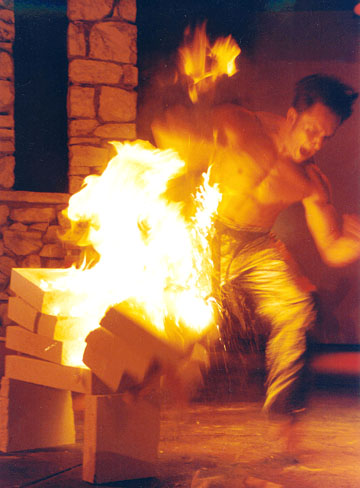 Un professionnel de kung fu tres muscle casse des briques enflammees avec la simple force de son bras