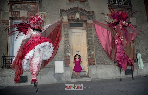 Parade d oiseaux sur echasses en spectacle de rue