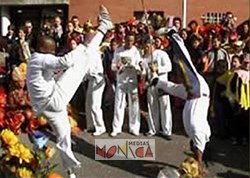 Demonstration de capoeira la danse de combat bresilienne par un groupe de batucada dans une fete de ville