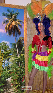 Decoration bresilienne avec mannequin danseuse costumee de carnaval et palmiers tropicaux