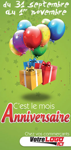 Affiche personnalisable avec cadeaux et ballons pour aimation commerciale anniversaire 