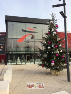 Grand sapin lumineux decore en exterieur avec boules et guirlandes