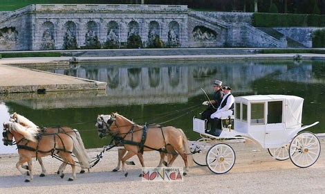 Carrosse blanc landau attelage quatre chevaux pour noel  conte prince et princesse et mariage
